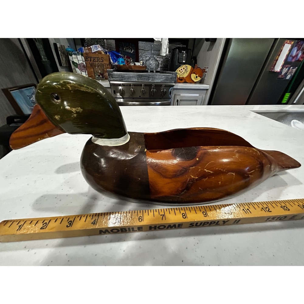 Vintage Hand Carved Wooden Mallard Duck Decoy Hollow Back Valet Tray Match 15"